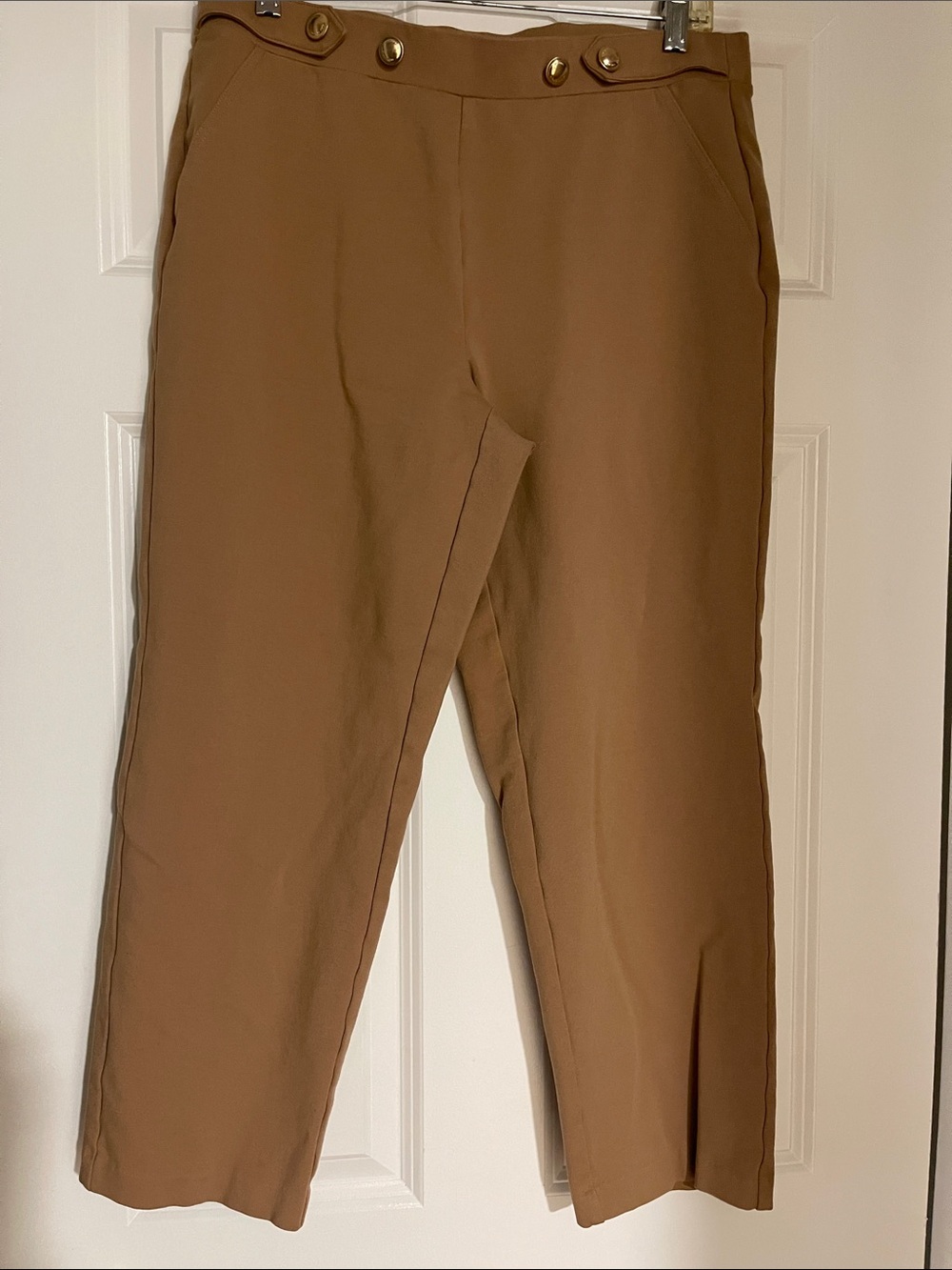 Michael Kors Camel Straight-Leg Pull-On Pants with Gold Buttons